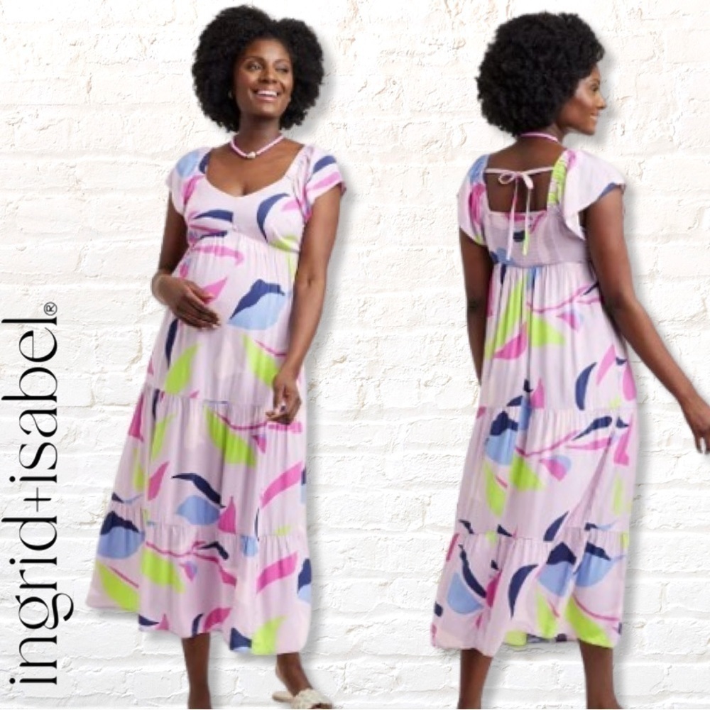Ingrid & Isabel Flutter Short Sleeve Woven Maternity Dress Size XS Purple Pink